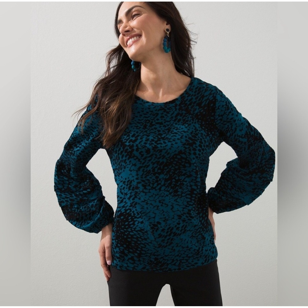 Chico's Women's Sz 1 (M) Teal/Black Abstract Print Flocked Balloon Sleeve Top